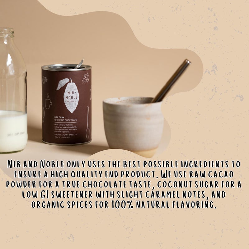 Nib + Noble Organic Drinking Chocolate Powder - Dairy-Free Hot Cocoa with Coconut Milk - Vegan, Gluten-Free Fair Trade Cacao - Plant-Based Chocolate Powder for Hot & Iced Drinks - 200g - Image 4